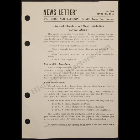 1945 War Price And Rationing Board Loose Leaf Service Newsletter - Number 200 - Office Of Price Administration - Livestock Slaughter And Meat Distribution - Gasoline Fuel Oil Stoves - April 28 - WWII Era - Ready For Framing