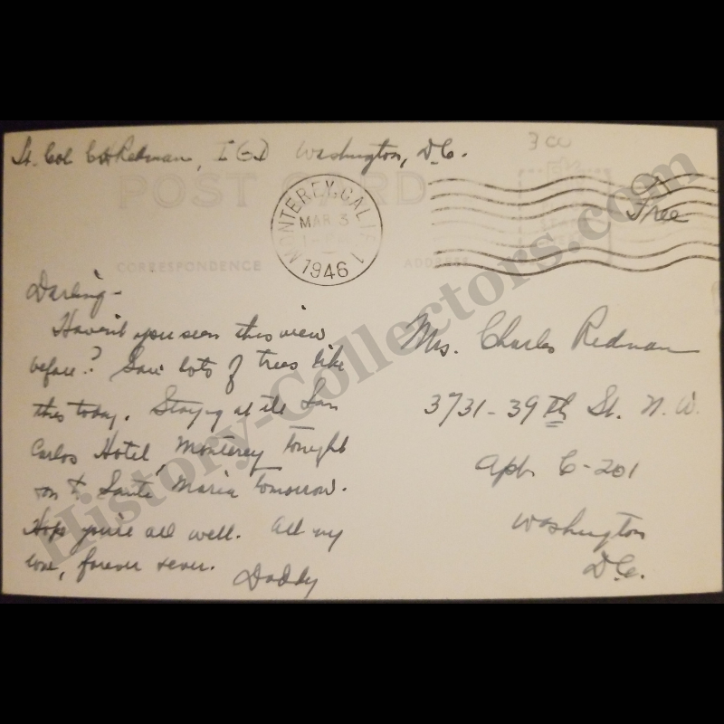 1946 Lone Cypress Veteran Of The Storm RPPC Real Photo Postcard - Carmel Bay California - Military Free Franking Monterey California - Lt. Col. Redman - Inspector General’s Department - Washington D.C. - EKC Stamp Box - Post WWII Era