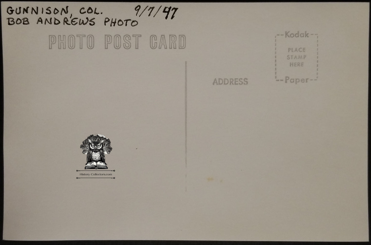 1947 RPPC Picture Postcard - D&RGW Railroad Passenger Train Car - Gunnison Colorado - Photographer Bob Andrews - Kodak Stamp Box
