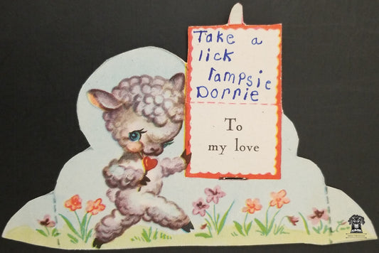 1947 Valentine's Day Children's Exchange Card - Take A Lick - Anthropomorphic Lamb Die Cut Stand Up