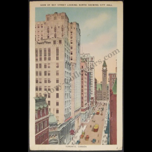 1948 View Of Bay Street Looking North Showing City Hall Toronto Ontario Canada Linen Postcard - King George VI Postage Stamp - Niagara Falls Postal Cancel - Post World War II Era - Ready For Framing