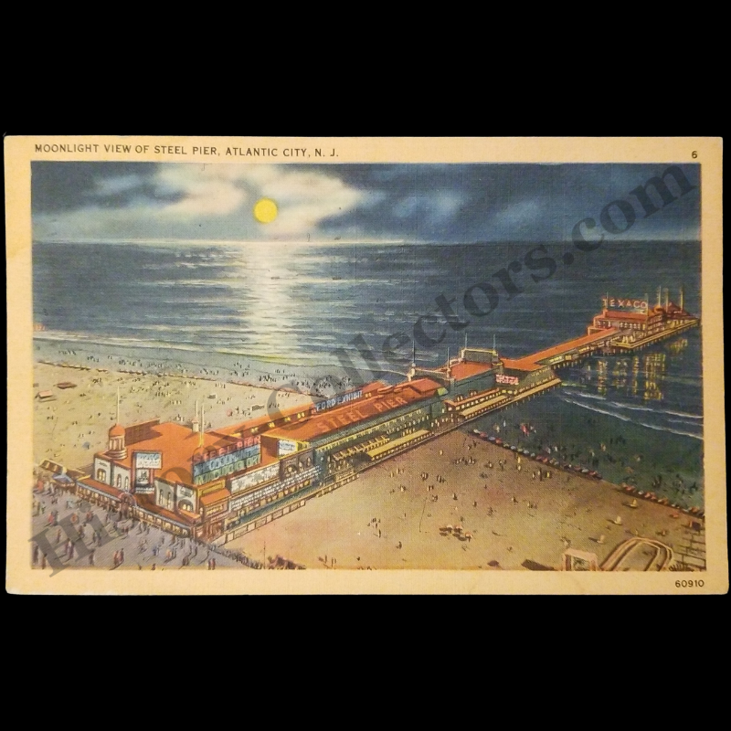 1948 Moonlight View Steel Pier Atlantic City New Jersey Linen Postcard - The Ford Exhibit - Texaco Station - Post World War II Era - Ready For Framing