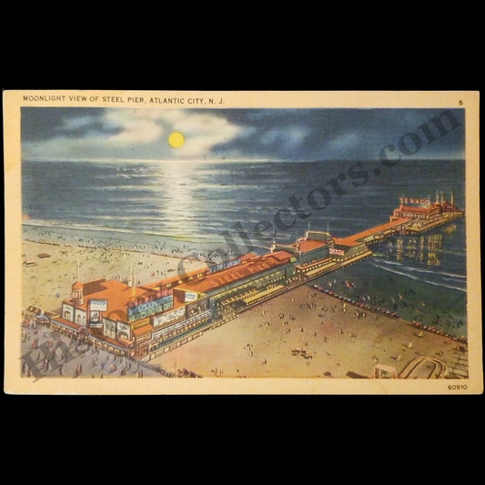 1948 Moonlight View Steel Pier Atlantic City New Jersey Linen Postcard - The Ford Exhibit - Texaco Station - Post World War II Era - Ready For Framing