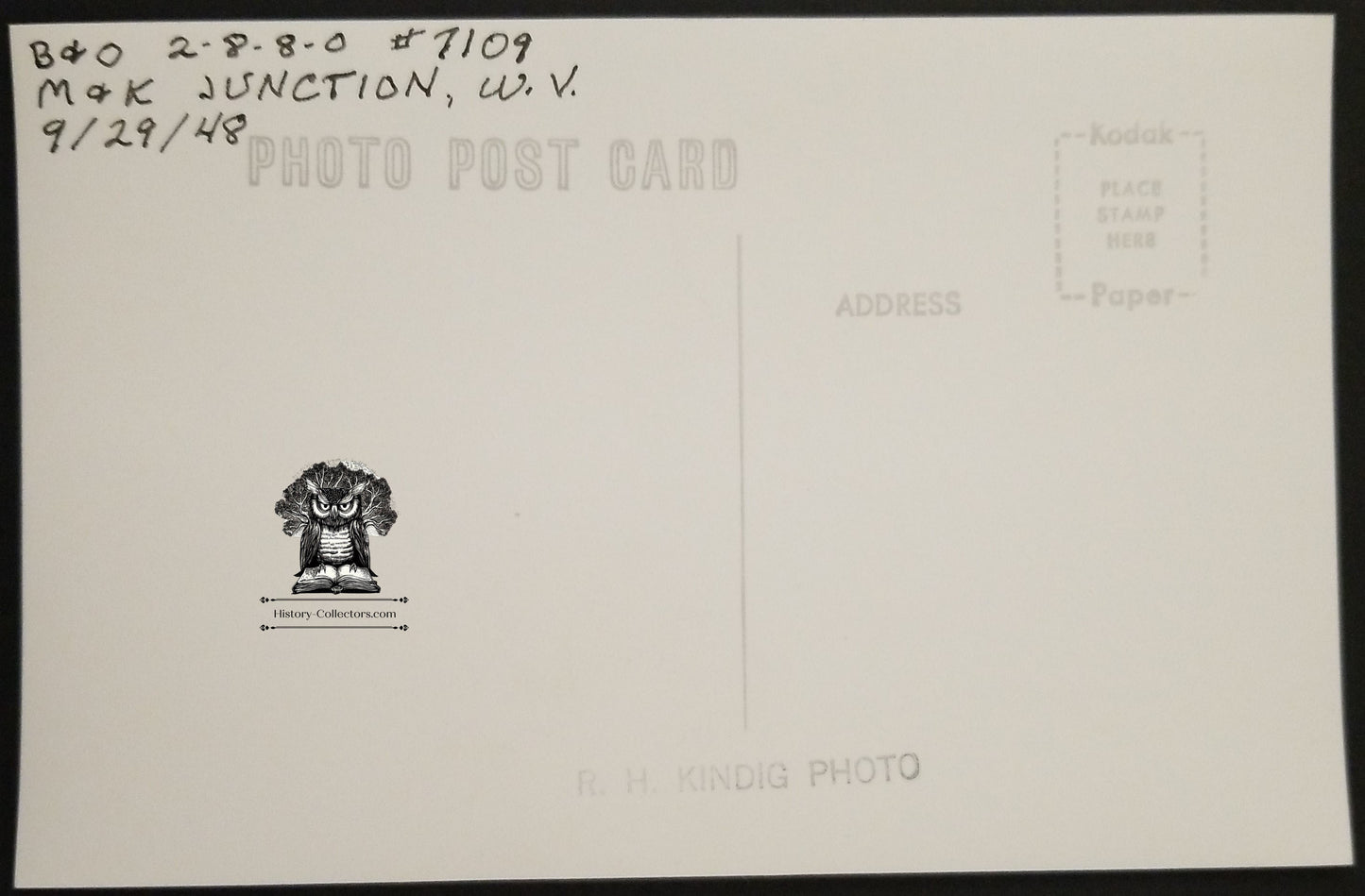 1948 RPPC Picture Postcard - B&O Railroad Diesel Engine Train 7109 - M&K Junction West Virginia - Kodak Stamp Box - Photographer Kindig