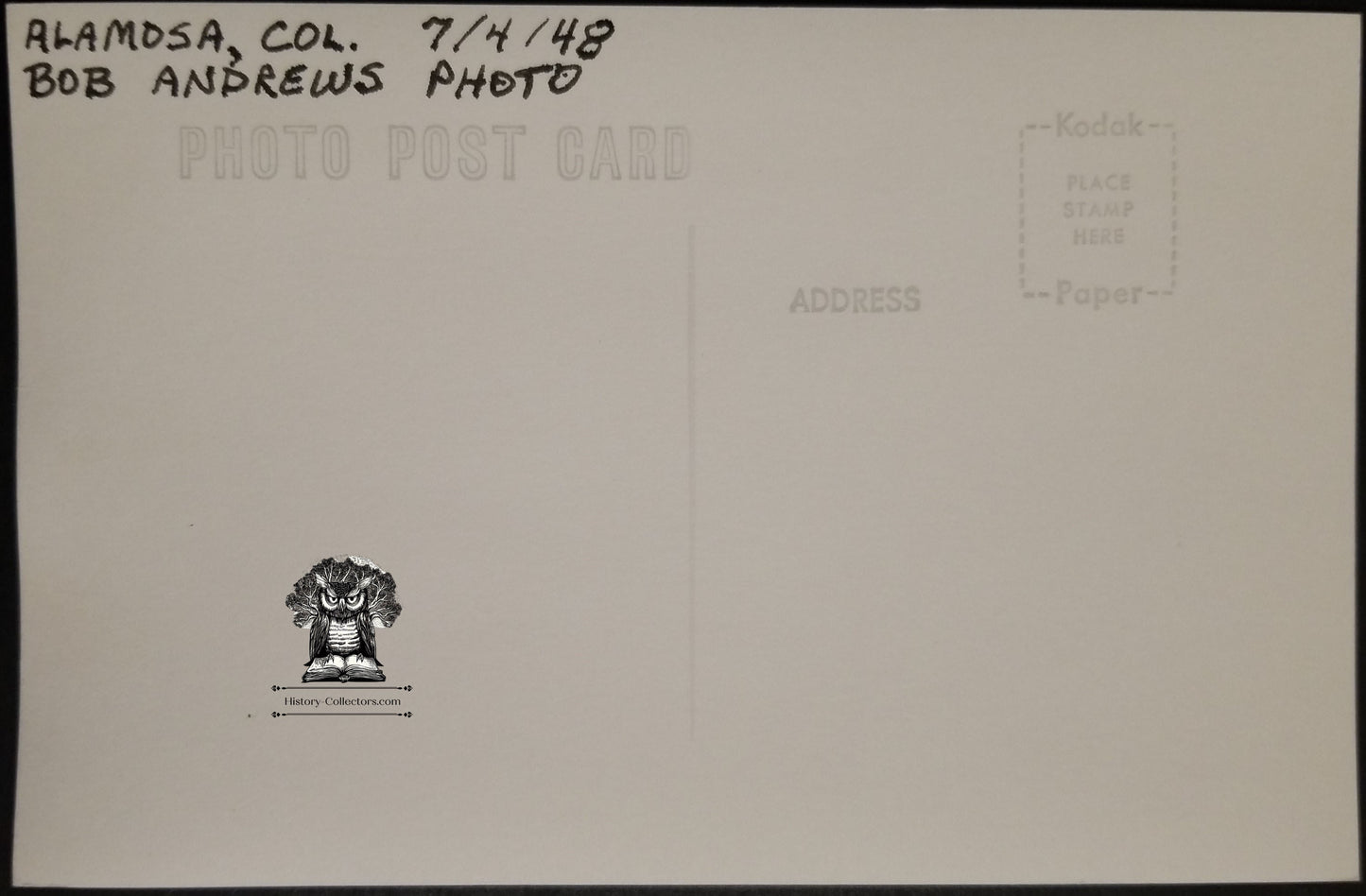 1948 RPPC Picture Postcard - D&RGW Railroad Passenger Train Car - Alamosa Colorado - Photographer Bob Andrews - Kodak Stamp Box