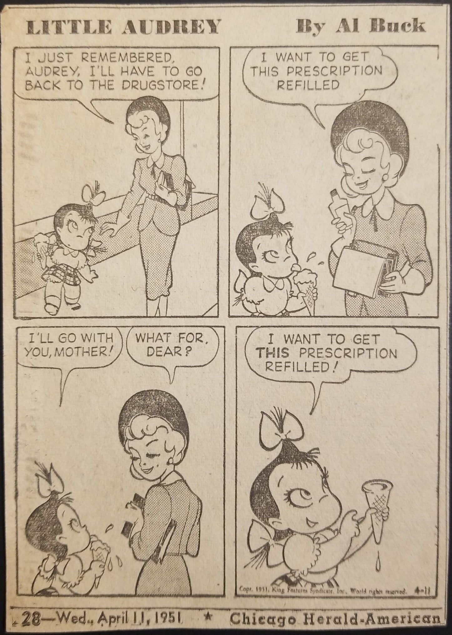 1951 Little Audrey Comic Strip - Al Buck - Chicago Herald American Newspaper - April 11 - 1950's Housewife Prescription Drug Epidemic Social Commentary
