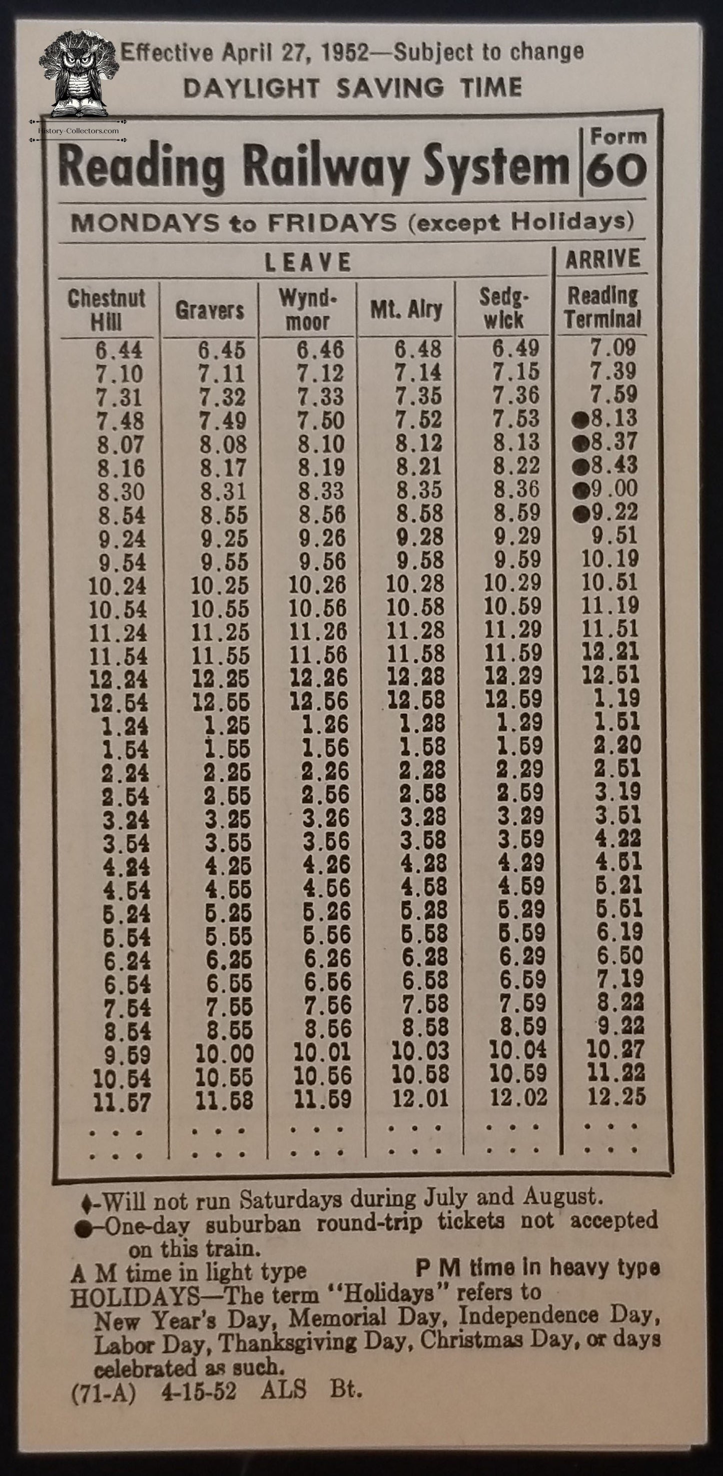 1952 Reading Railway Schedule Pamphlet Gravers Station Pennsylvania Railroad
