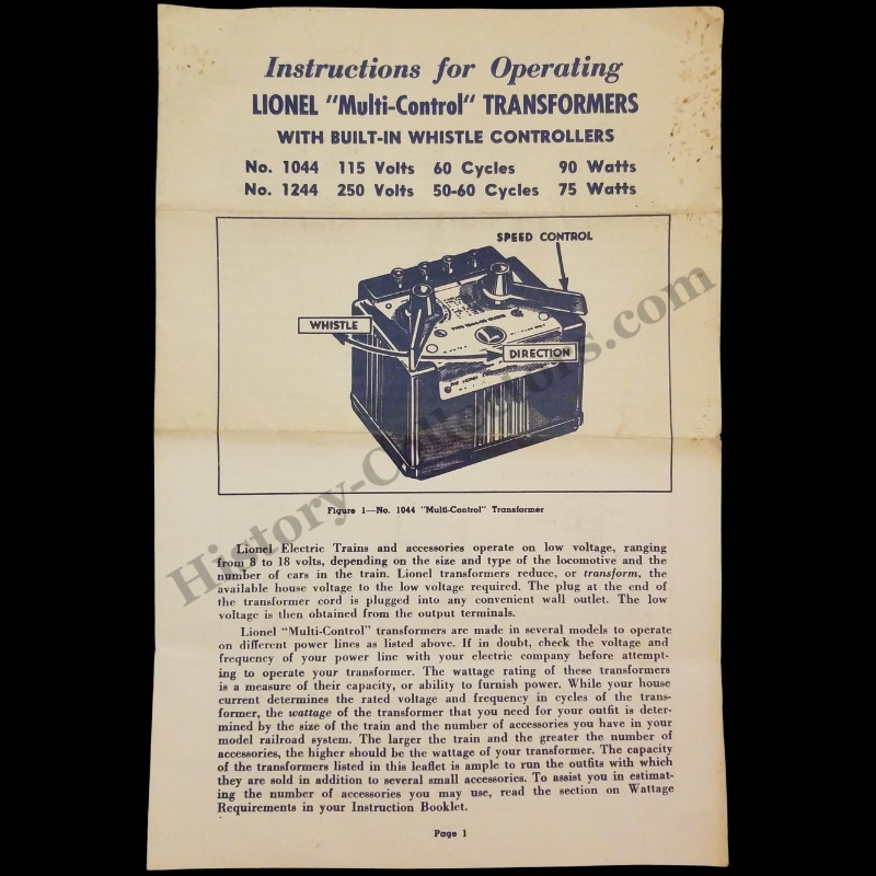 1958 Lionel Multi-Control Transformer Operating Instructions Leaflet Manual - 1044 1244