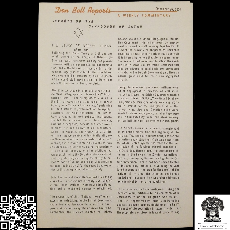 1958 Story Of Modern Zionism Newsletter Part Eleven - Secrets Of The Synagogue Of Satan - Don Bell Reports Commentary - December 26 - Anti-Zionism - Israel Geopolitical Criticism