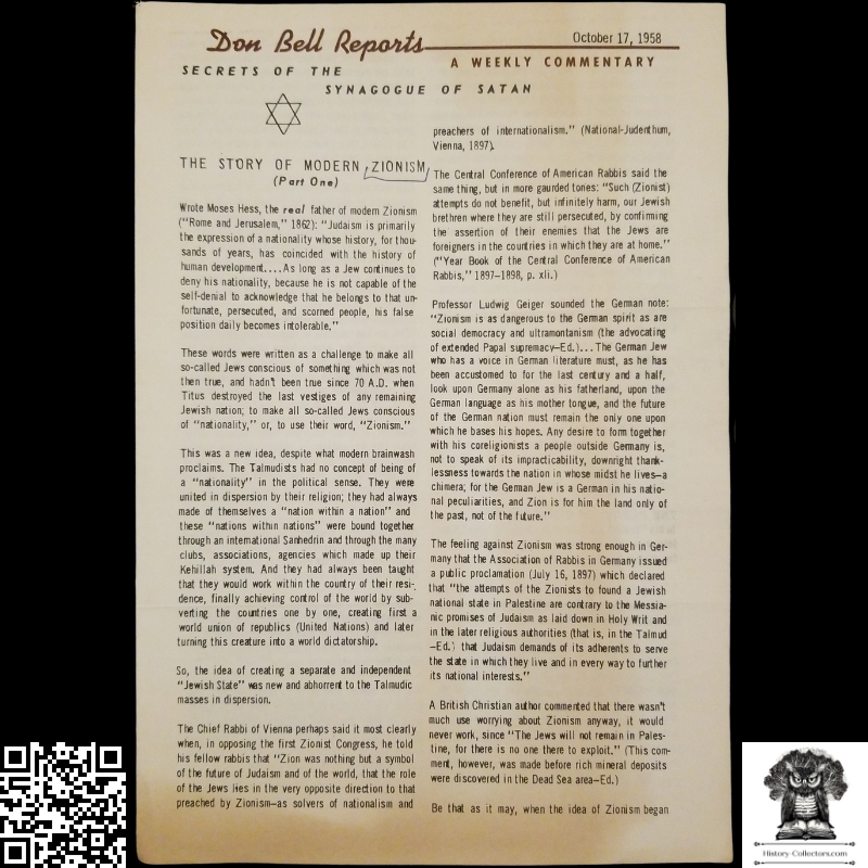 1958 Story Of Modern Zionism Newsletter Part One - Secrets Of The Synagogue Of Satan - Don Bell Reports Commentary - October 17 - Anti-Zionism - Israel Geopolitical Criticism