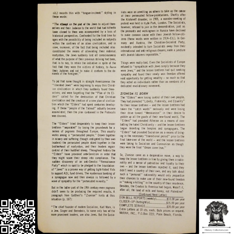 1958 Story Of Modern Zionism Newsletter Part One - Secrets Of The Synagogue Of Satan - Don Bell Reports Commentary - October 17 - Anti-Zionism - Israel Geopolitical Criticism