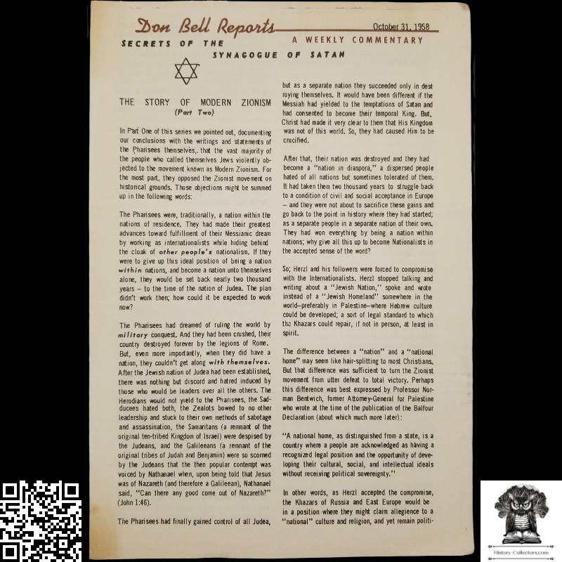 1958 Story Of Modern Zionism Newsletter Part Two - Secrets Of The Synagogue Of Satan - Don Bell Reports Commentary - October 31 - Anti-Zionism - Israel Geopolitical Criticism