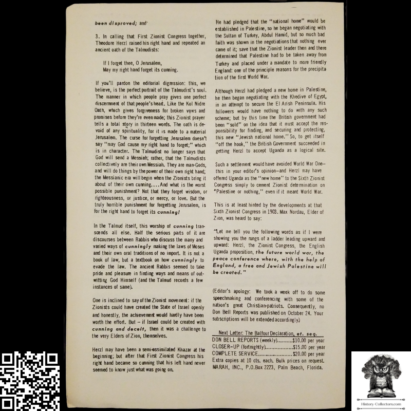 1958 Story Of Modern Zionism Newsletter Part Two - Secrets Of The Synagogue Of Satan - Don Bell Reports Commentary - October 31 - Anti-Zionism - Israel Geopolitical Criticism