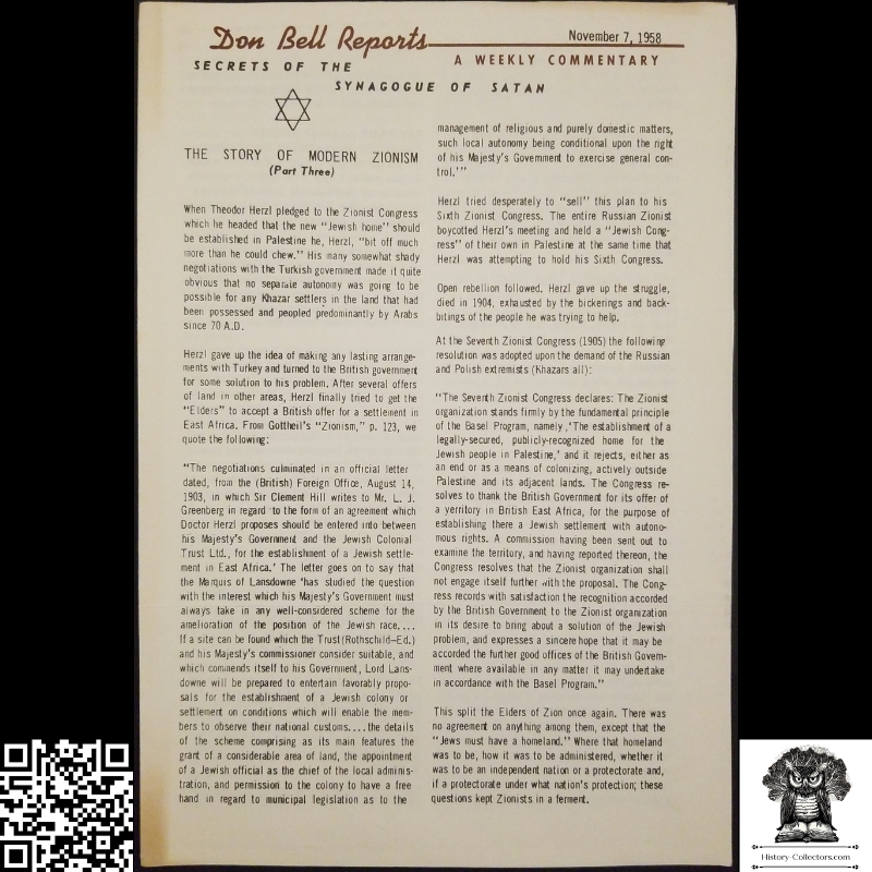 1958 Story Of Modern Zionism Newsletter Part Three - Secrets Of The Synagogue Of Satan - Don Bell Reports Commentary - November 7 - Anti-Zionism - Israel Geopolitical Criticism