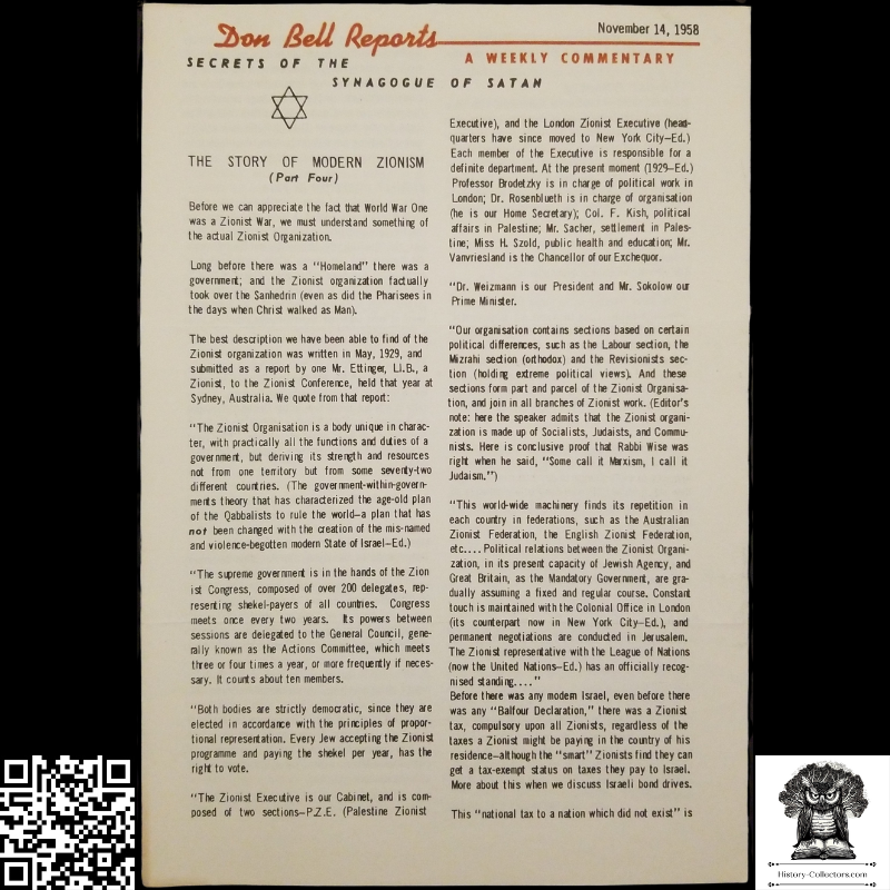 1958 Story Of Modern Zionism Newsletter Part Four - Secrets Of The Synagogue Of Satan - Don Bell Reports Commentary - November 14 - Anti-Zionism - Israel Geopolitical Criticism