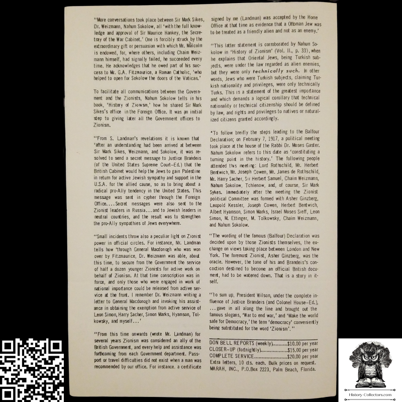 1958 Story Of Modern Zionism Newsletter Part Four - Secrets Of The Synagogue Of Satan - Don Bell Reports Commentary - November 14 - Anti-Zionism - Israel Geopolitical Criticism