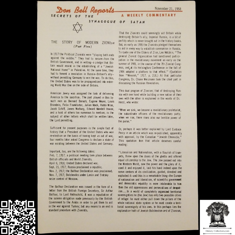 1958 Story Of Modern Zionism Newsletter Part Five - Secrets Of The Synagogue Of Satan - Don Bell Reports Commentary - November 21 - Anti-Zionism - Israel Geopolitical Criticism