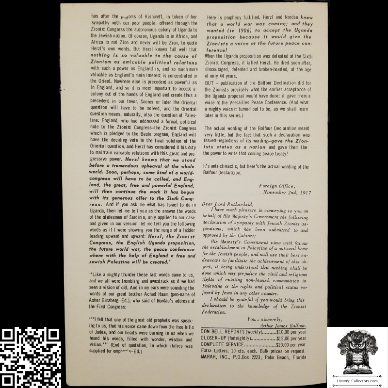 1958 Story Of Modern Zionism Newsletter Part Five - Secrets Of The Synagogue Of Satan - Don Bell Reports Commentary - November 21 - Anti-Zionism - Israel Geopolitical Criticism