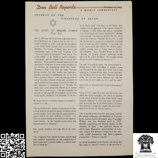 1958 Story Of Modern Zionism Newsletter Part Six - Secrets Of The Synagogue Of Satan - Don Bell Reports Commentary - November 28 - Anti-Zionism - Israel Geopolitical Criticism