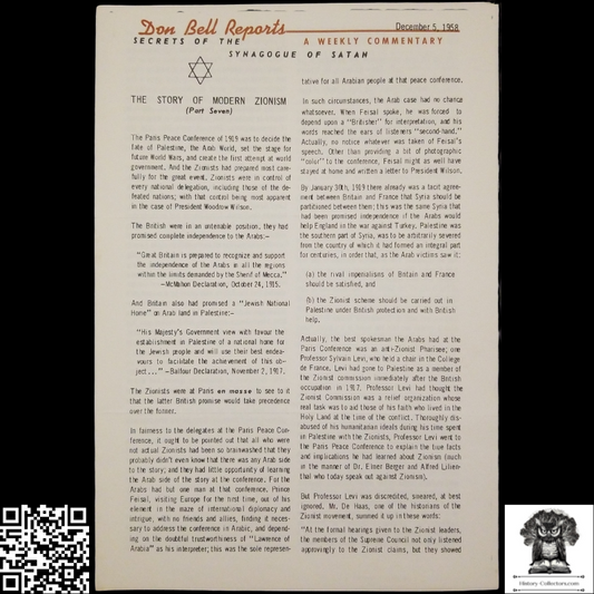 1958 Story Of Modern Zionism Newsletter Part Seven - Secrets Of The Synagogue Of Satan - Don Bell Reports Commentary - December 5 - Anti-Zionism - Israel Geopolitical Criticism