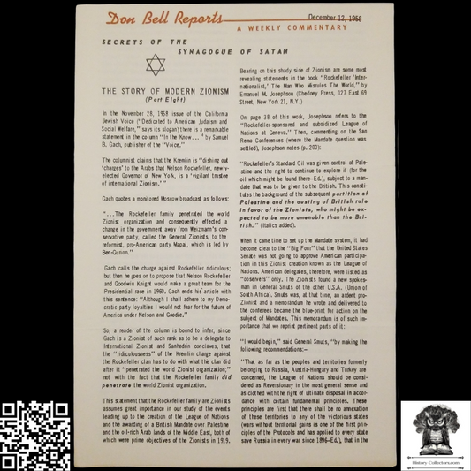 1958 Story Of Modern Zionism Newsletter Part Eight - Secrets Of The Synagogue Of Satan - Don Bell Reports Commentary - December 19 - Anti-Zionism - Israel Geopolitical Criticism