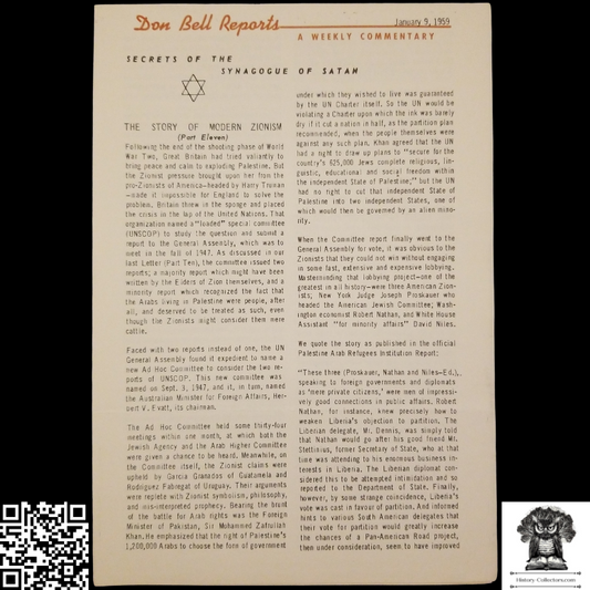 1959 Story Of Modern Zionism Newsletter Part Eleven - Secrets Of The Synagogue Of Satan - Don Bell Reports Commentary - January 9 - Anti-Zionism - Israel Geopolitical Criticism