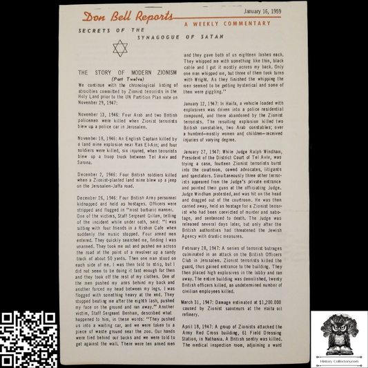 1959 Story Of Modern Zionism Newsletter Part Twelve - Secrets Of The Synagogue Of Satan - Don Bell Reports Commentary - January 16 - Anti-Zionism - Israel Geopolitical Criticism
