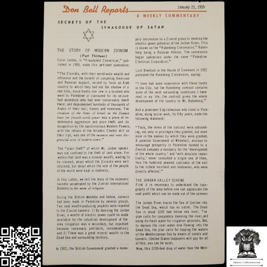 1959 Story Of Modern Zionism Newsletter Part Thirteen - Secrets Of The Synagogue Of Satan - Don Bell Reports Commentary - January 23 - Anti-Zionism - Israel Geopolitical Criticism