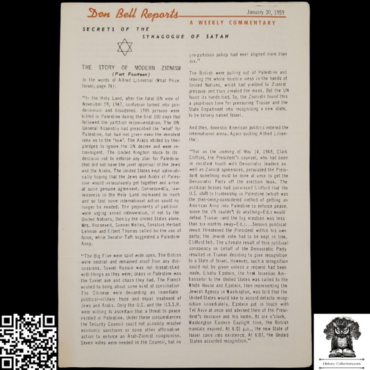 1959 Story Of Modern Zionism Newsletter Part Fourteen - Secrets Of The Synagogue Of Satan - Don Bell Reports Commentary - January 30 - Anti-Zionism - Israel Geopolitical Criticism