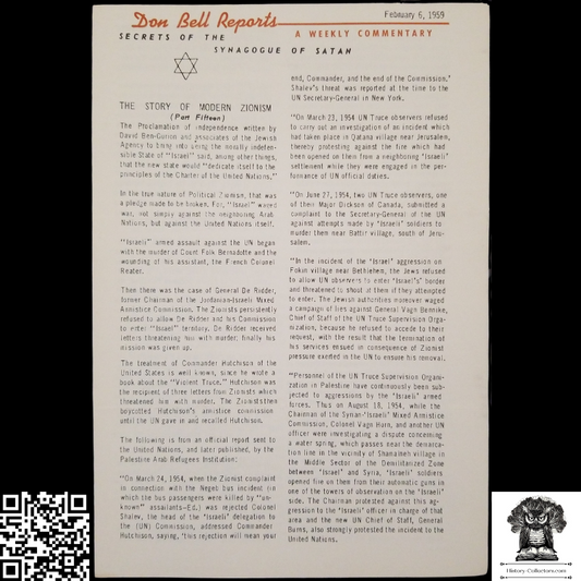 1959 Story Of Modern Zionism Newsletter Part Fifteen - Secrets Of The Synagogue Of Satan - Don Bell Reports Commentary - February 6 - Anti-Zionism - Israel Geopolitical Criticism