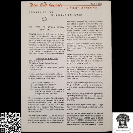 1959 Story Of Modern Zionism Newsletter Part Sixteen - Secrets Of The Synagogue Of Satan - Don Bell Reports Commentary - March 6 - Anti-Zionism - Israel Geopolitical Criticism