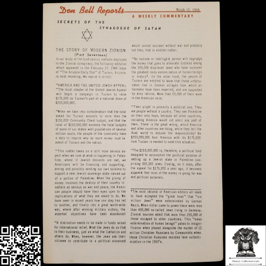 1959 Story Of Modern Zionism Newsletter Part Seventeen - Secrets Of The Synagogue Of Satan - Don Bell Reports Commentary - March 13 - Anti-Zionism - Israel Geopolitical Criticism