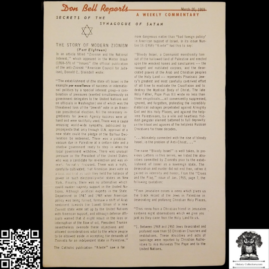 1959 Story Of Modern Zionism Newsletter Part Eighteen - Secrets Of The Synagogue Of Satan - Don Bell Reports Commentary - March 20 - Anti-Zionism - Israel Geopolitical Criticism
