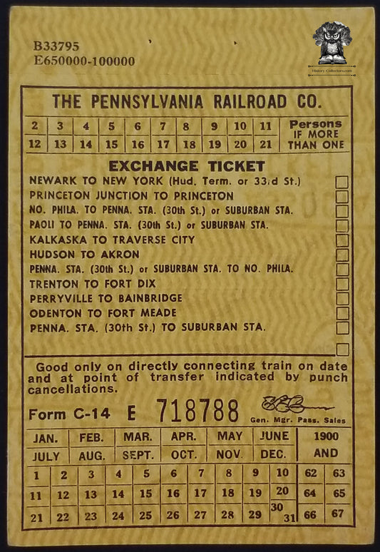 1960s Pennsylvania Railroad Exchange Ticket PRR Penn Station Hudson Terminal