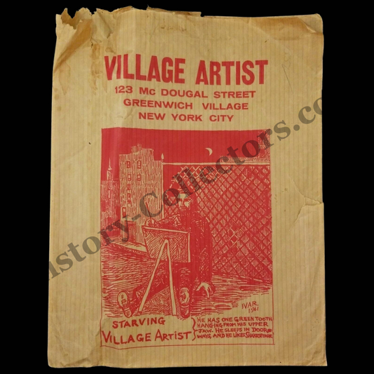 1961 Village Artist Promotion Wax Bag - 123 Macdougal Street New York City - Greenwich Village Folk Beat Art Scene - Vietnam War Era - Ready For Framing