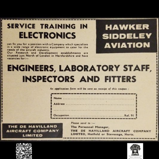 1962 Aerospace Industry Job Advertisement Clipping - Hawker Siddeley Aviation - De Havilland Aircraft Company - Hertfordshire - England - Mail Order - Cold War Era - Ready For Framing