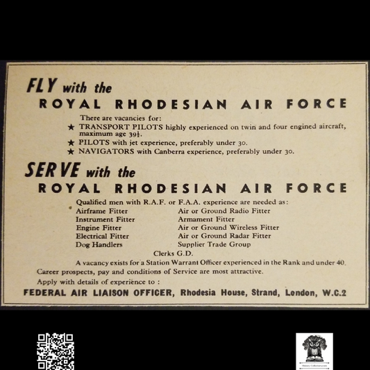 1962 Aerospace Industry Requitement Job Advertisement Clipping - Royal Rhodesian Air Force - Rhodesia House - London England - Cold War Era - Colonial Africa - Ready For Framing