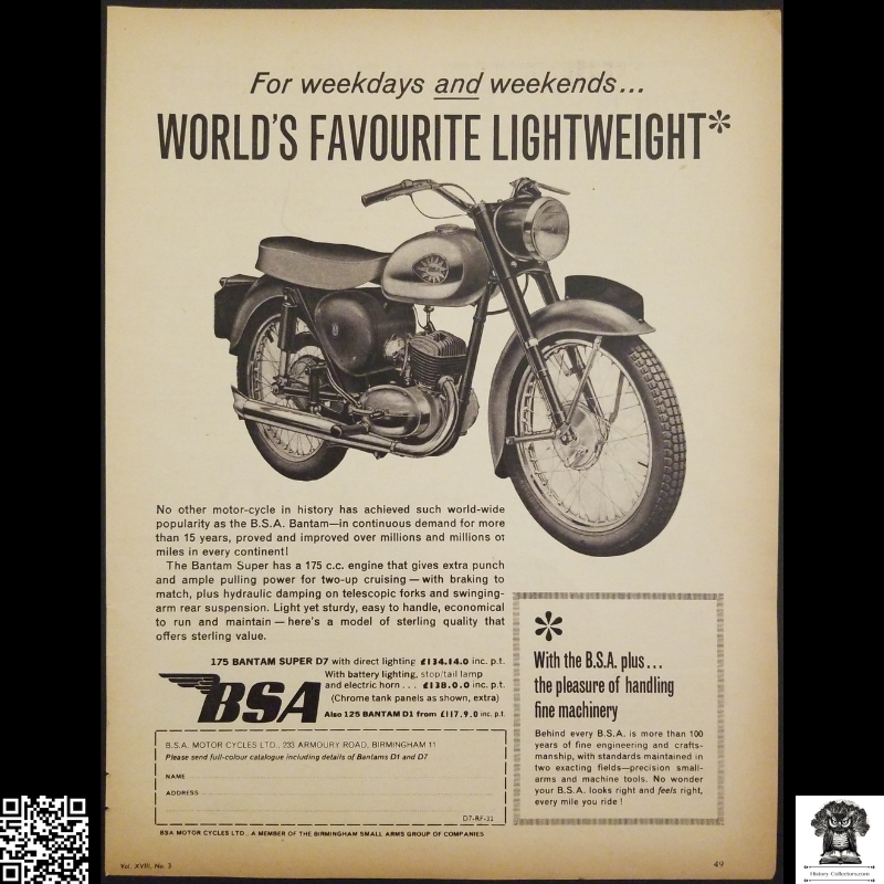 1962 BSA Bantam Super D7 Motorcycle Print Advertisement Clipping - England - Mail Order - Ready For Framing