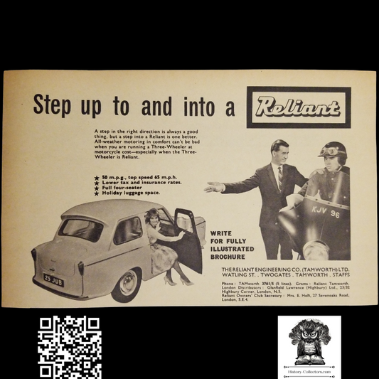 1962 British Reliant Three-Wheeler Auto Print Advertisement - Motorcycle Alternative - Tamworth England - Ready For Framing