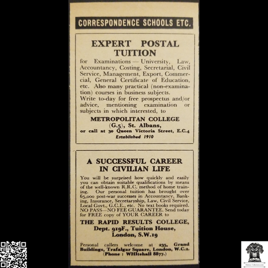 1962 Correspondence Education Schools Feature Classified Advertisement Clipping - Metropolitan College - Rapid Results College - England