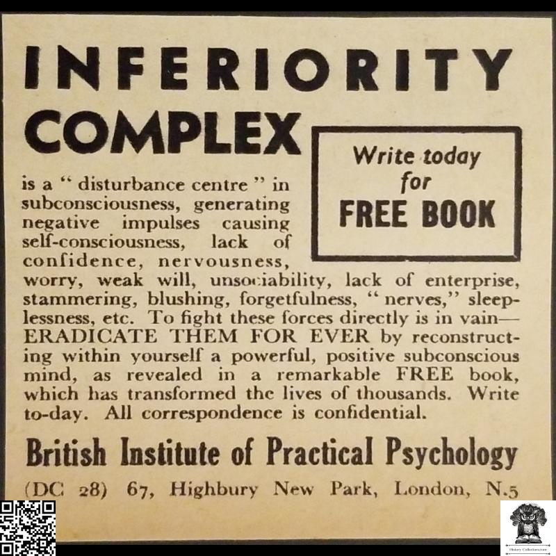 1962 Inferiority Complex Self-Help Classified Advertisement Clipping - British Institute Of Practical Psychology - Highbury New Park London England