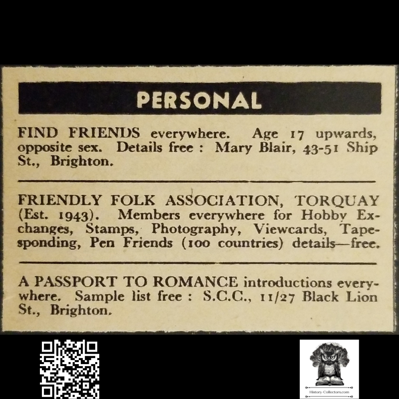 1962 Personal Section Classified Advertisement Clipping - Brighton - England - Social History