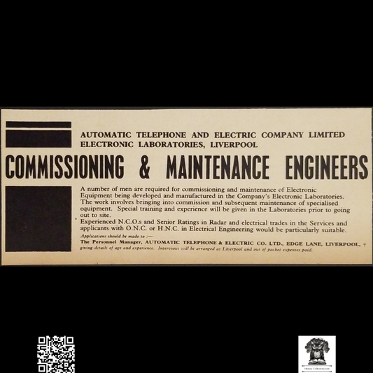 1962 Telephone Electric Engineer Job Advertisement Clipping - Automatic Telephone And Electric Company Limited - Civilian Skilled Tech - Liverpool England - Ready For Framing