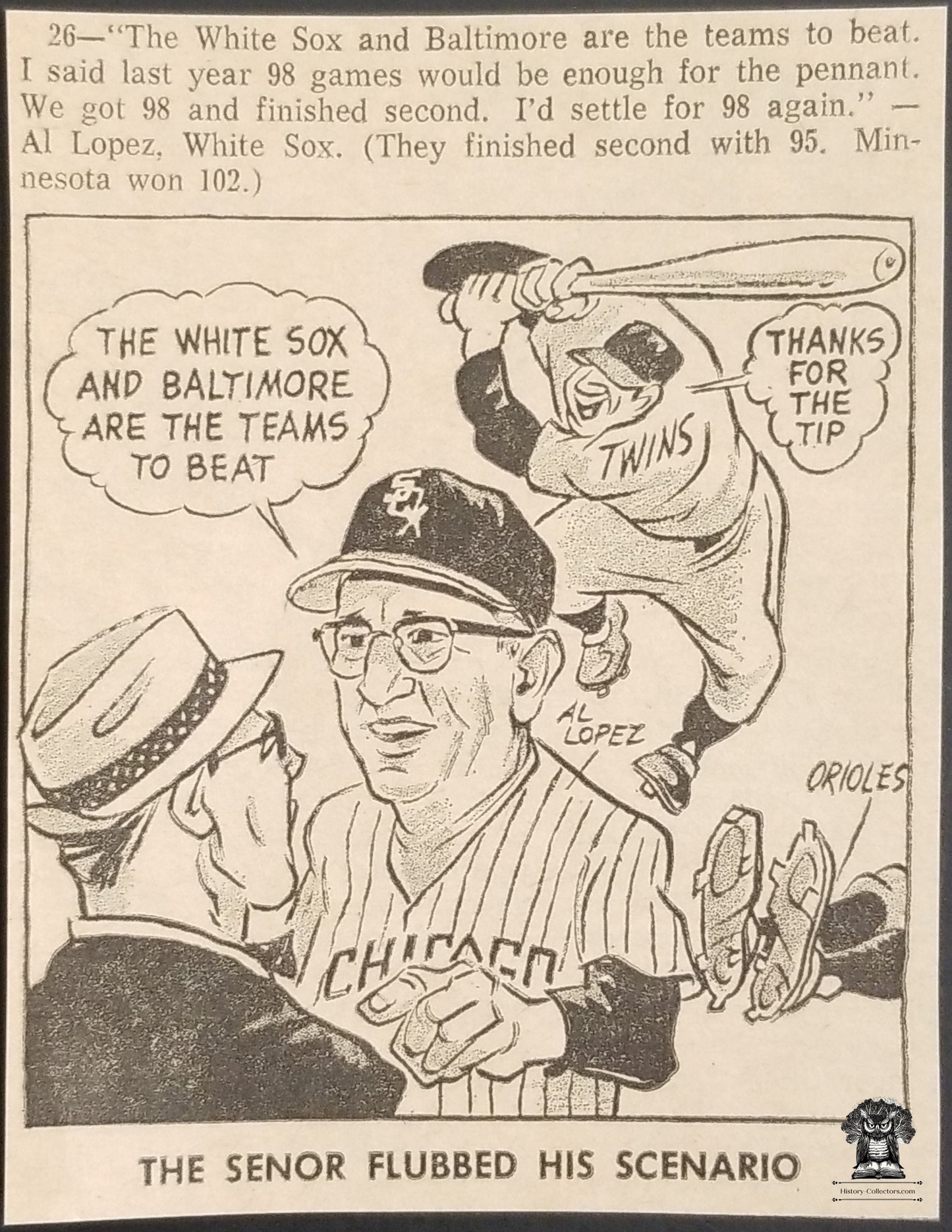 1965 Al Lopez Chicago White Sox Incorrect Prediction Newsprint Illustration - Minnesota Twins - Baltimore Orioles - American League - MLB