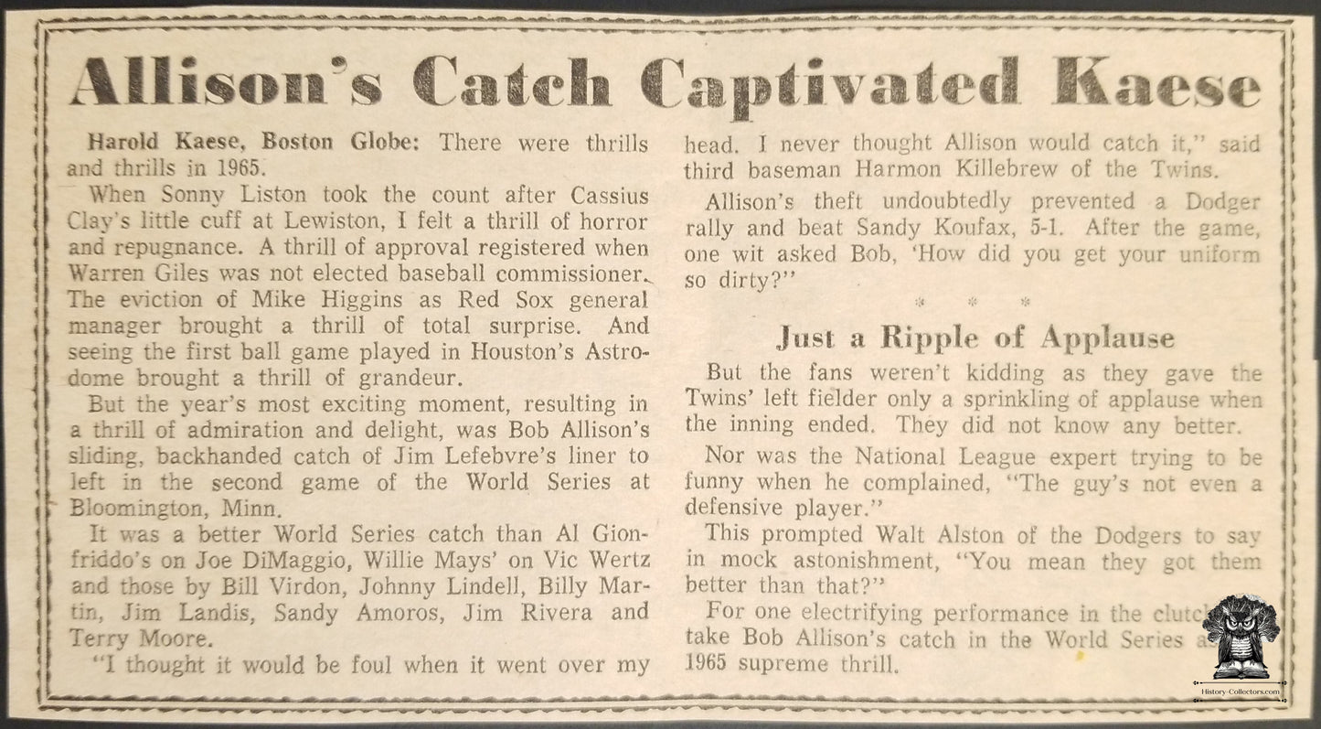 1965 Bob Allison Minnesota Twins Newsprint Clip - World Series Game 2 - Harold Kaese - Boston Globe - MLB
