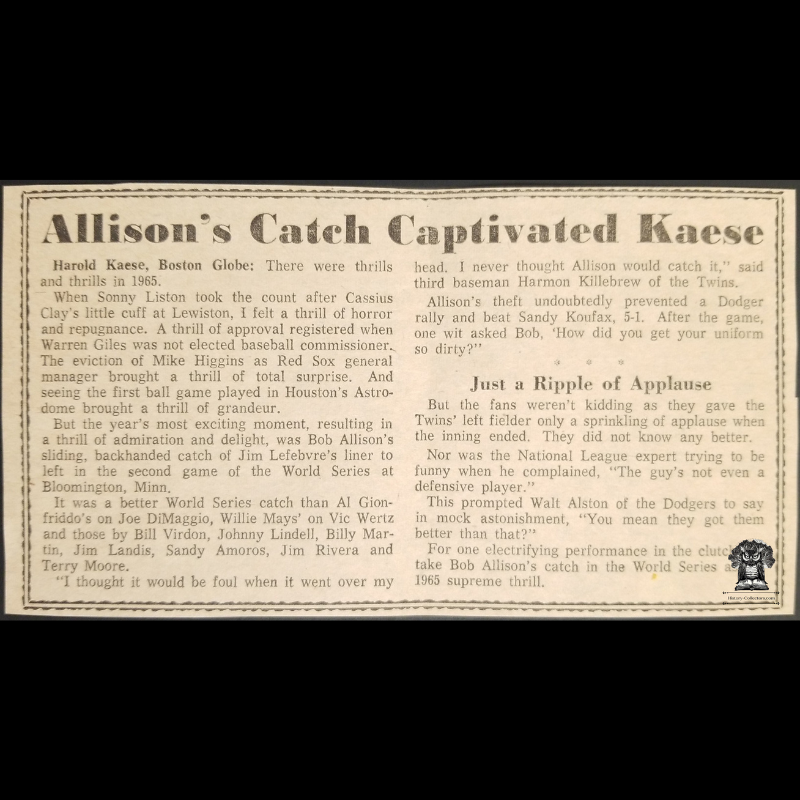 1965 Bob Allison Minnesota Twins Newsprint Clip - World Series Game 2 - Harold Kaese - Boston Globe - MLB