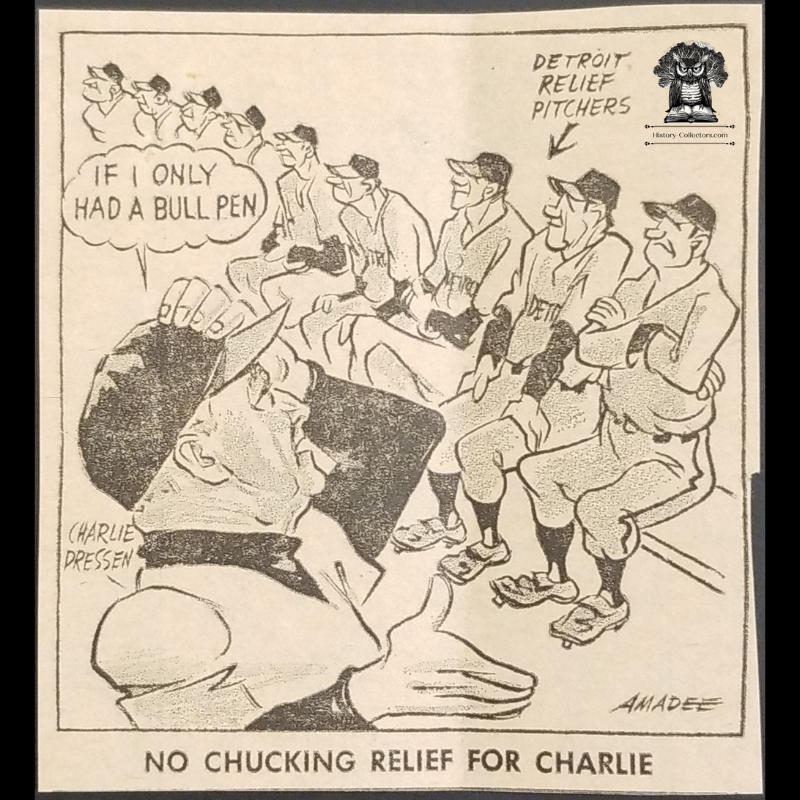 1965 Detroit Tigers Charlie Dressen Newsprint Illustration - No Chucking Relief Bullpen - Major League Baseball