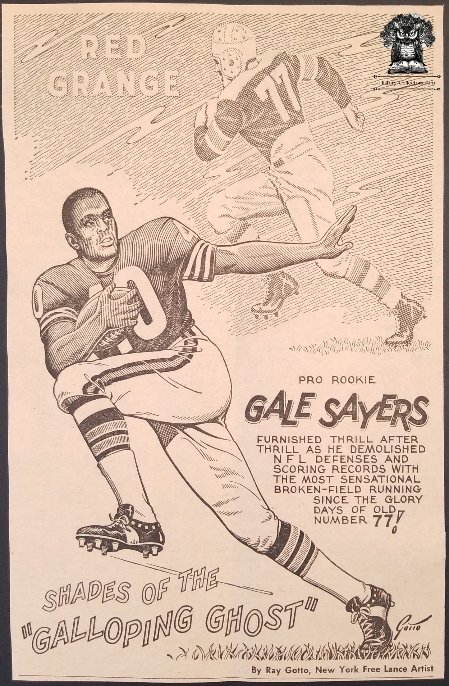 1965 Gale Sayers Red Grange Newsprint Illustration - Chicago Bears NFL Football - Ray Gotto New York Free Lance Artist