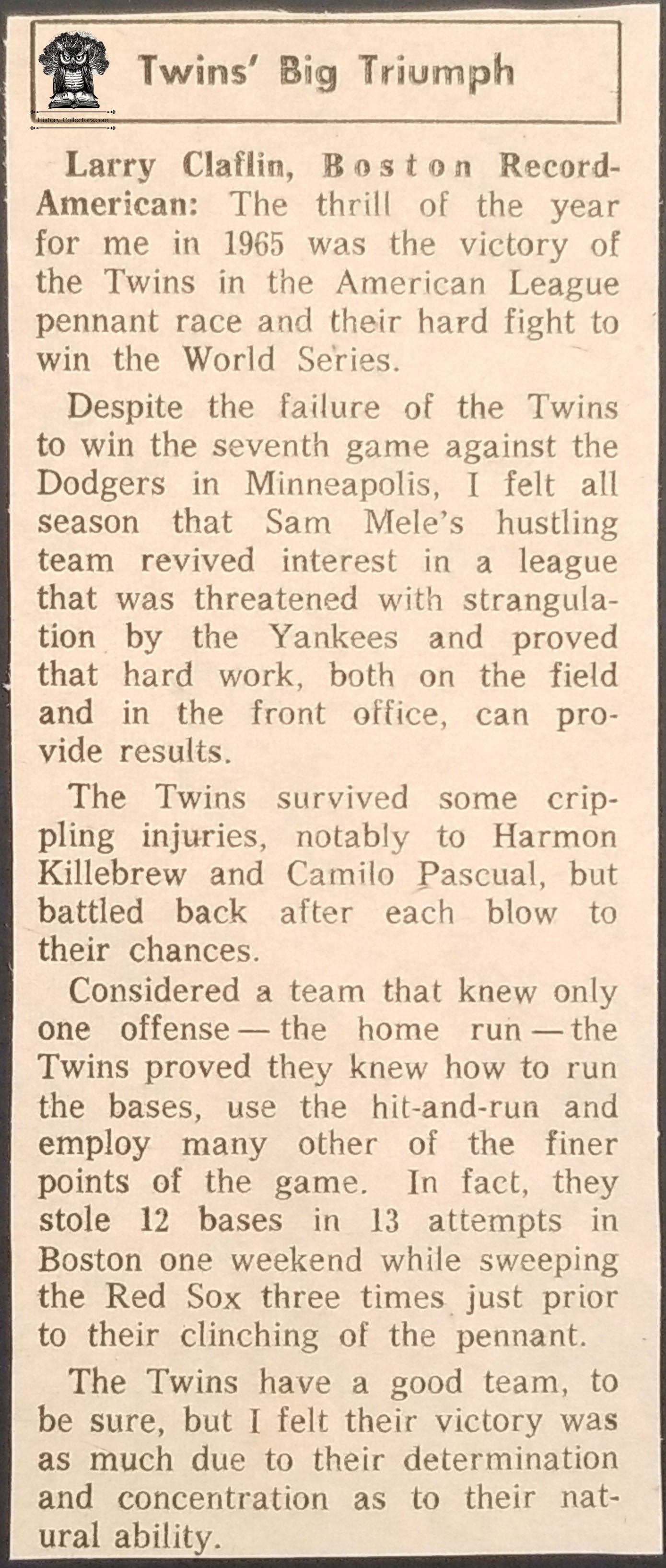 1965 Minnesota Twins AL Pennant Win Newsprint Clip - World Series Los Angeles Dodgers vs Minnesota Twins - Larry Claflin Boston Record American