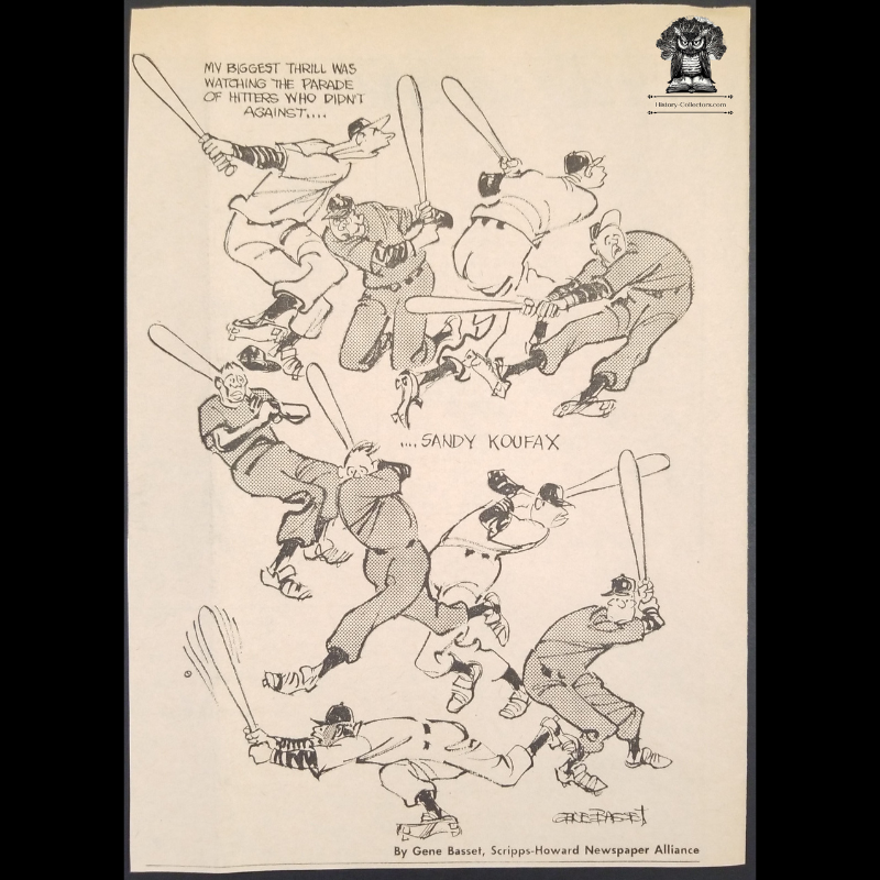 1965 Sandy Koufax LA Dodgers Newsprint Illustration - Swing And Miss - MLB Baseball - Gene Basset - Scripps Howard Newspaper Alliance